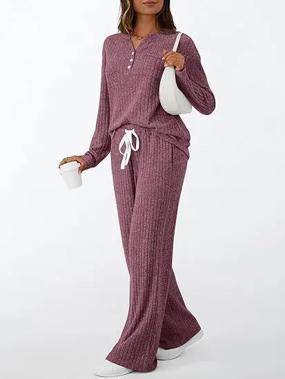 Women's Ribbed Knit Loungewear Set: Henley V-Neck Top Drawstring Wide Leg Pants