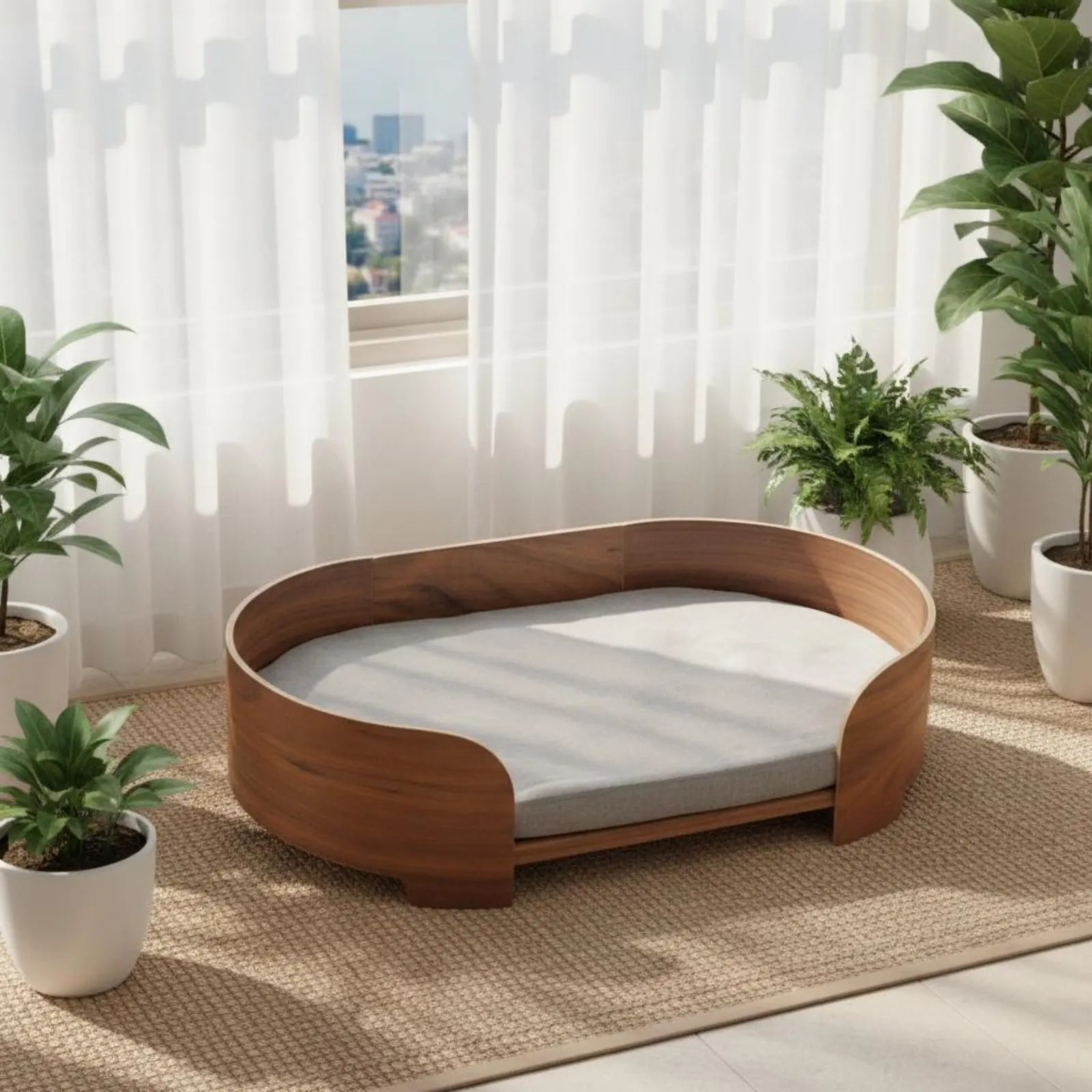 Wooden Pet Sofa Removable and Cleanable Cover Modern Pet Bed Raised Dog Lounger Year-Round Use Oval Cat Bed Firm Wood Veneer