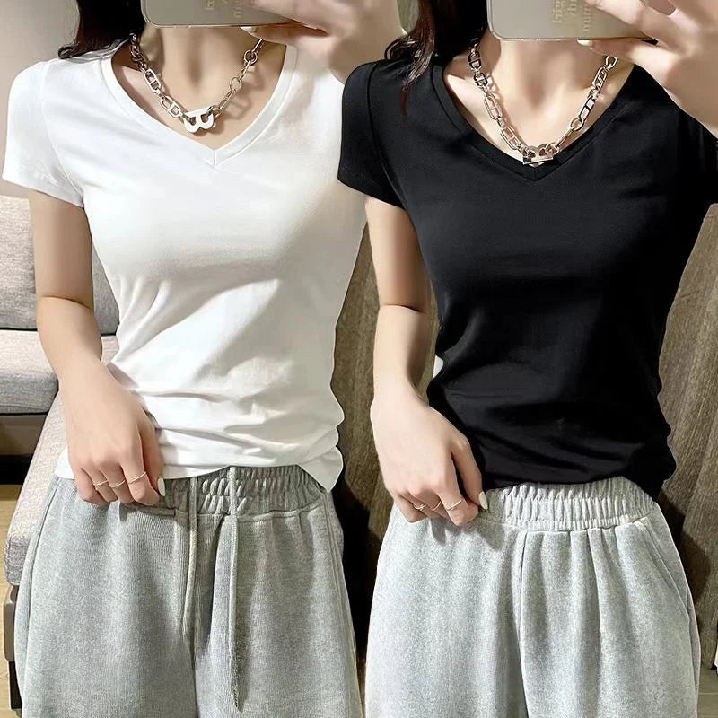 Summer Womens Slim Fit Short Sleeve T Shirt Half Sleeve Base Shirt Versatile Base Layer Top Quality Polyester Fiber Commute - M V white + v white [2-pack]