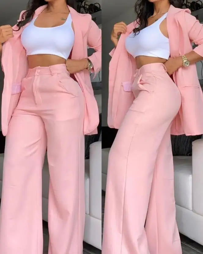 Conjunto Feminino Duas Peças Outono 2024 Nova Moda Casual Sólido Diário Blazer Colegial com Gola Entalhada e Calça com Bolsos