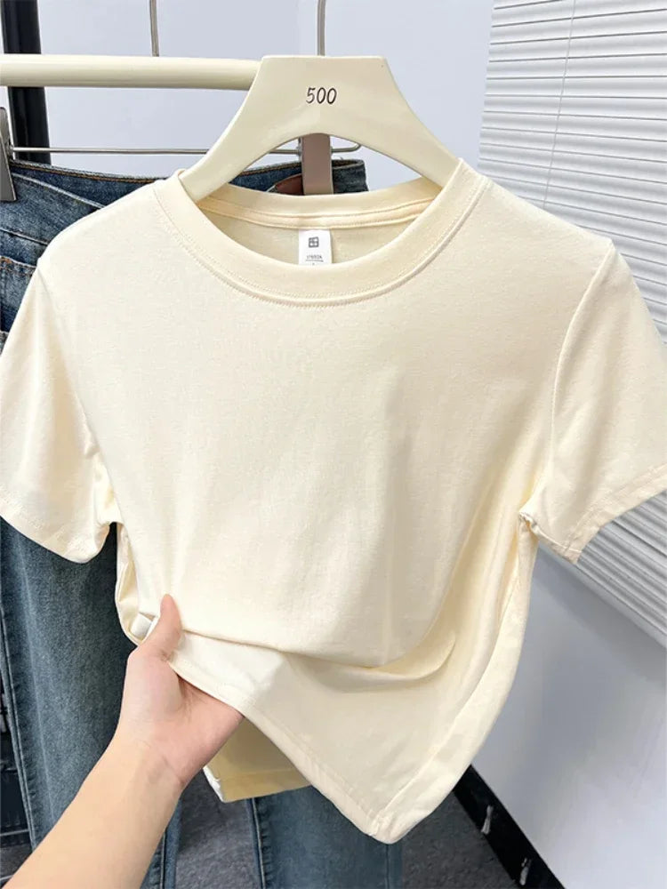 2026 Verão Nova Camiseta Casual de Alta Qualidade Sexy Manga Curta Tendência da Moda Sólida Roupa Feminina Blusas Y2k