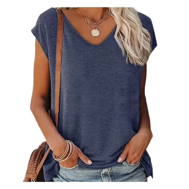 Camiseta Feminina de Verão 2026 Casual Gola V Manga Morcego Caimento Solto Básico Blusa Lisa Plus Size - Azul GGG