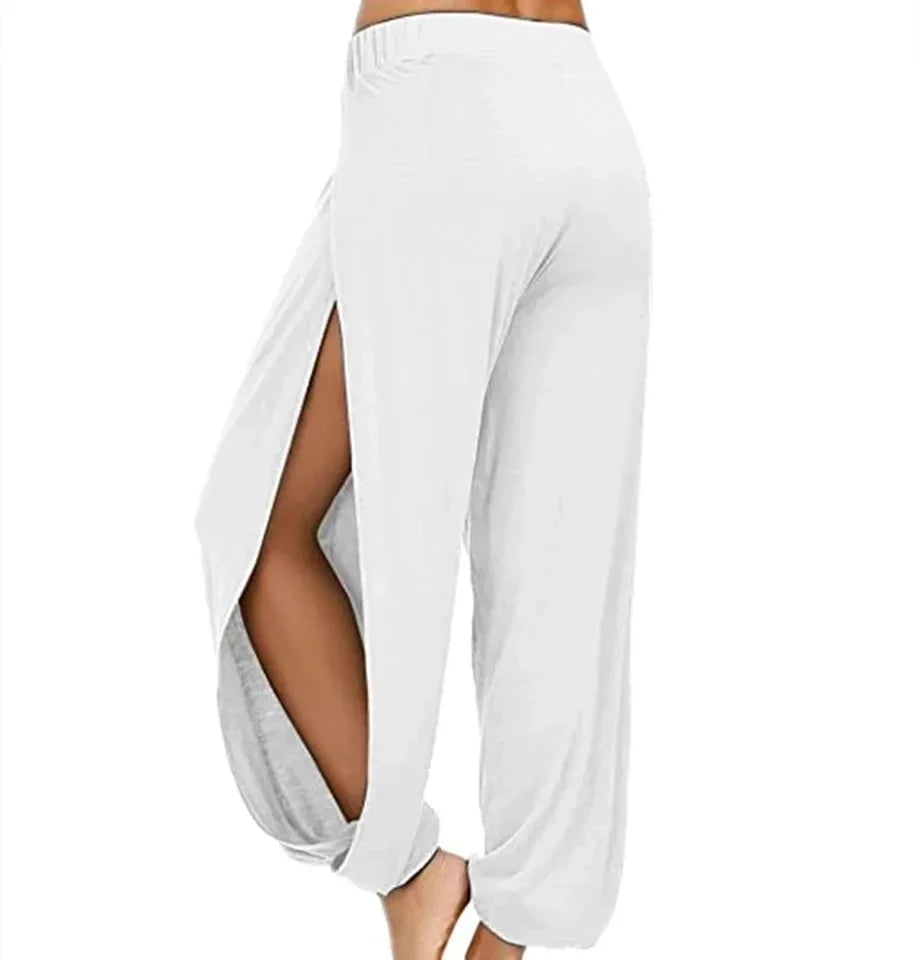 Calça Feminina Harem de Ioga com Fenda de Cintura Alta e Perna Larga Calça Legging de Academia Casual Sólida Vazada para Treino Calça para Academia e Uso Doméstico