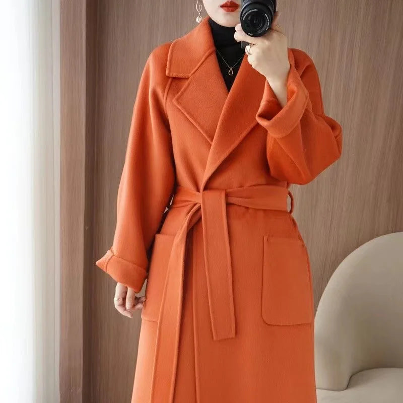 2024 Moda Feminina Casaco 100% Lã Outono/Inverno Elegante Casaco de Caxemira Dupla Face com Cinto Longo