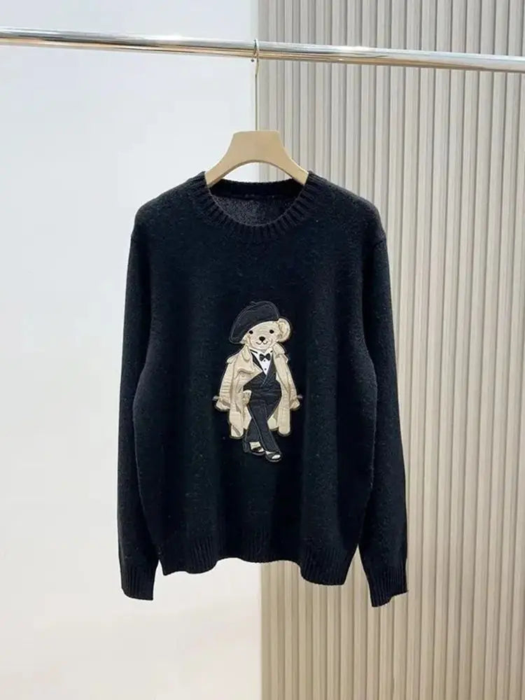 Camisola Suéter Tricotada Urso Bordado Luxo Francês de Rua Para Mulheres Moda Casual Tricô Blusas Pull Femme