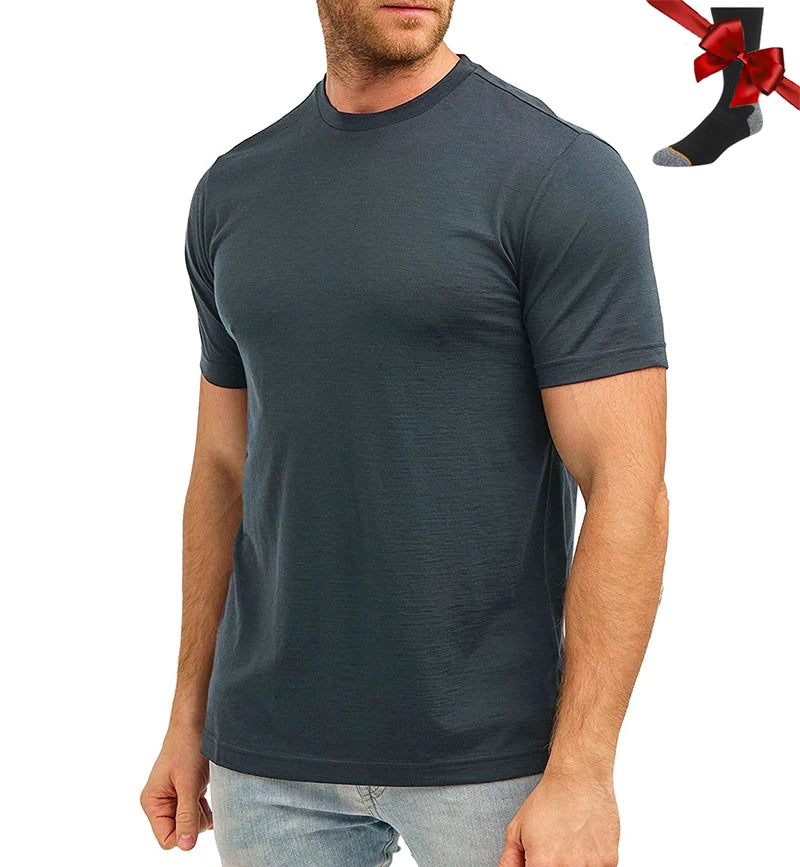 Camiseta Masculina 100% Lã Merino Super Fina Camada Base de Lã Merino que Absorve a Umidade Respirável de Secagem Rápida Antiodor + Meias de Lã Merino
