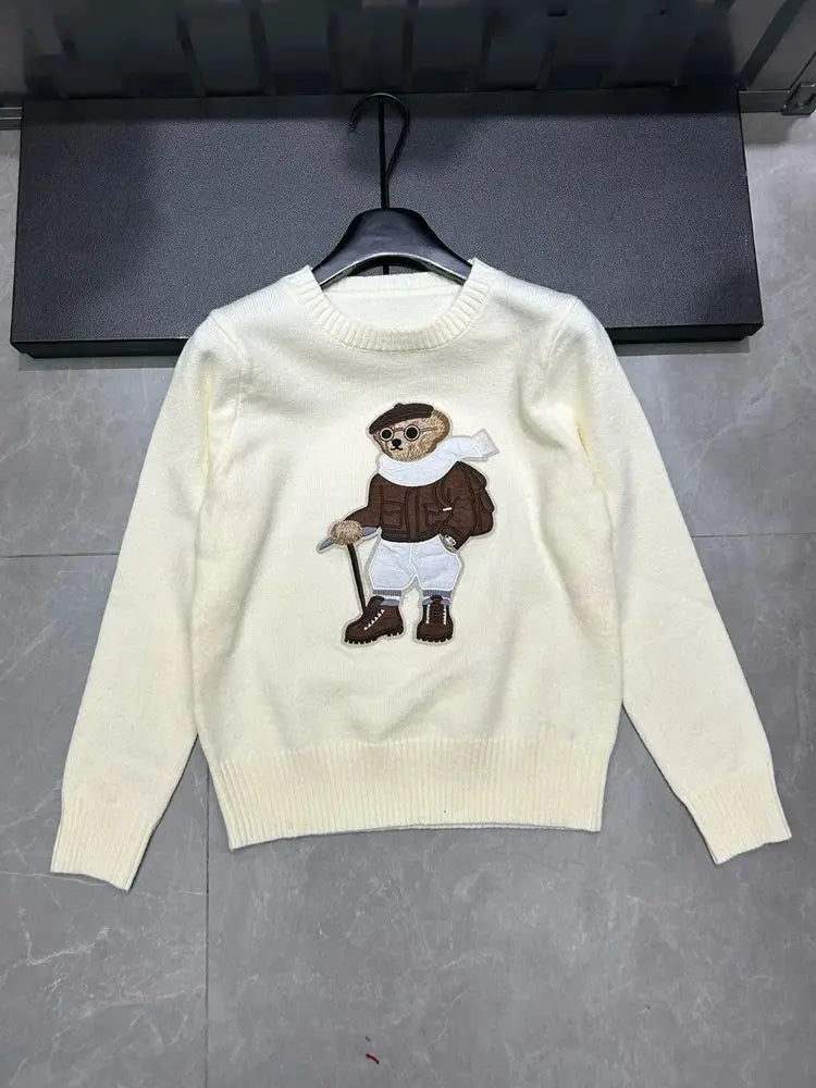Camisola Suéter Tricotada Urso Bordado Luxo Francês de Rua Para Mulheres Moda Casual Tricô Blusas Pull Femme