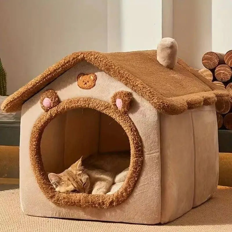 Winter Warm House-Style Pet Nest, Detachable & Washable Cushion, Universal for Cat, Small Dog & Rabbit, All Season Pet Bed