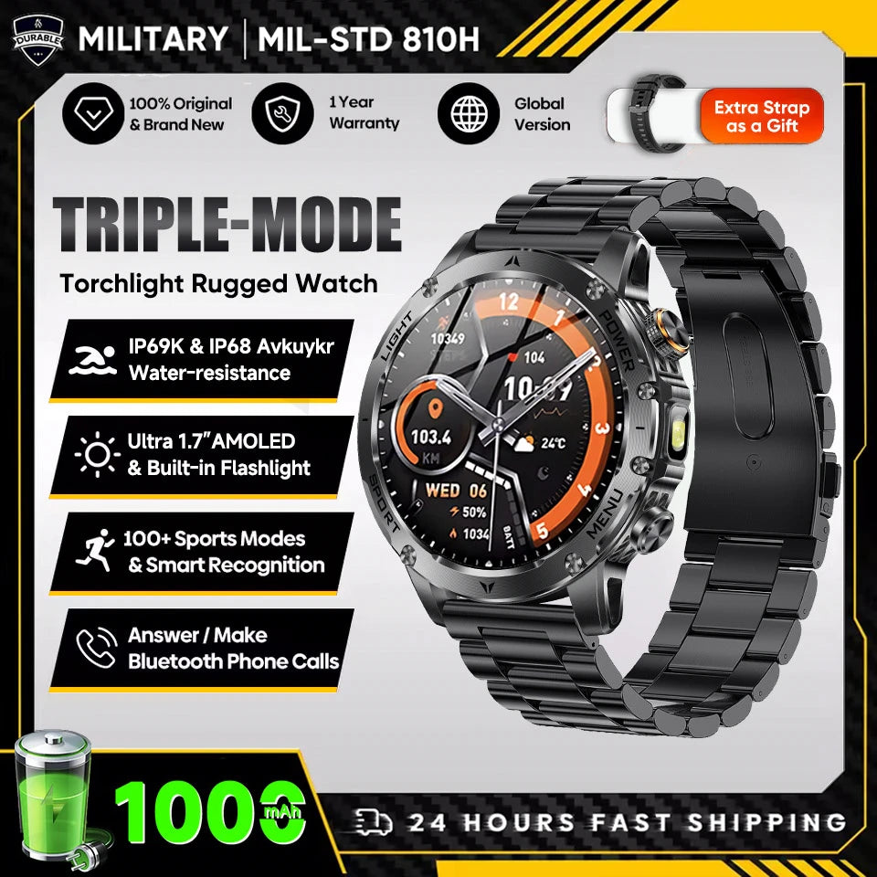 2025 Novo Smartwatch Militar T-Rex 3 Ultra Bateria de 1000mAh 5ATM À Prova D'água Lanterna Monitor Cardíaco Rastreador Esportivo Smartwatch Masculino