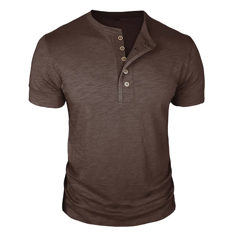 Camisetas masculinas de verão europeias e americanas, camisa Henley de algodão masculina de manga curta, camiseta masculina casual de gola redonda