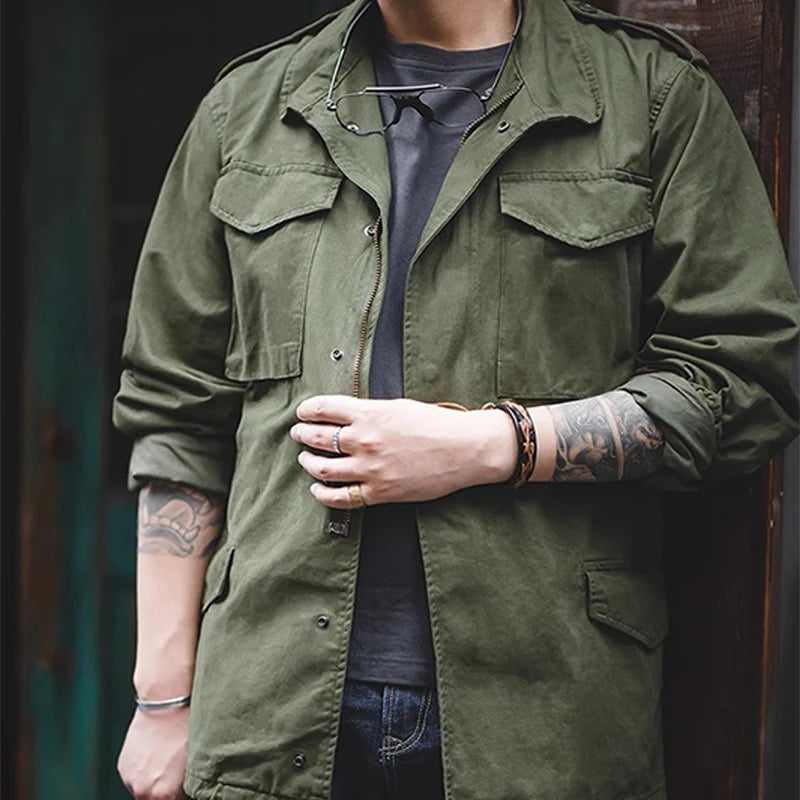 Jaqueta M65 Field, Jaqueta Militar Masculina, Jaqueta Retrô Multi Bolsos com Zíper e Gola, 100% Algodão