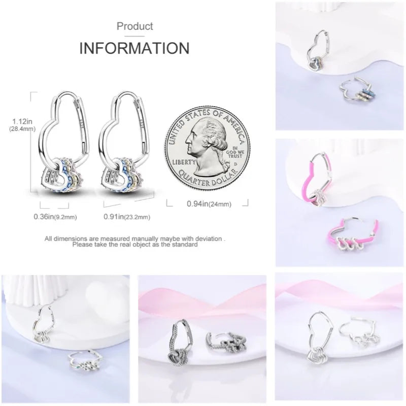 Brincos de Argola Coração Amor Brilhante Zircônia 925 Prata Esterlina Original para Mulheres Aniversário de Casamento Joia de Presente