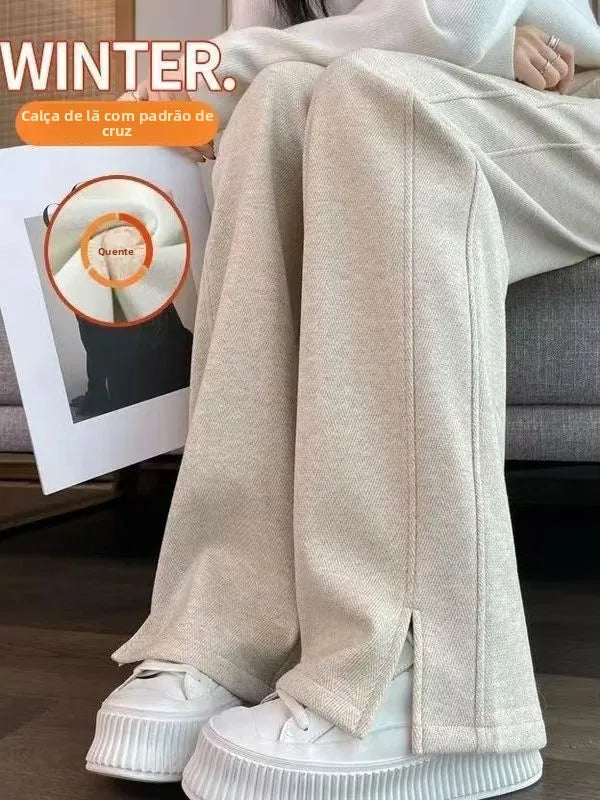 Calça Feminina Cintura Alta Perna Larga Casual Reta Forrada com Lã Grossa Calças Outono Inverno Novo Estilo da Moda