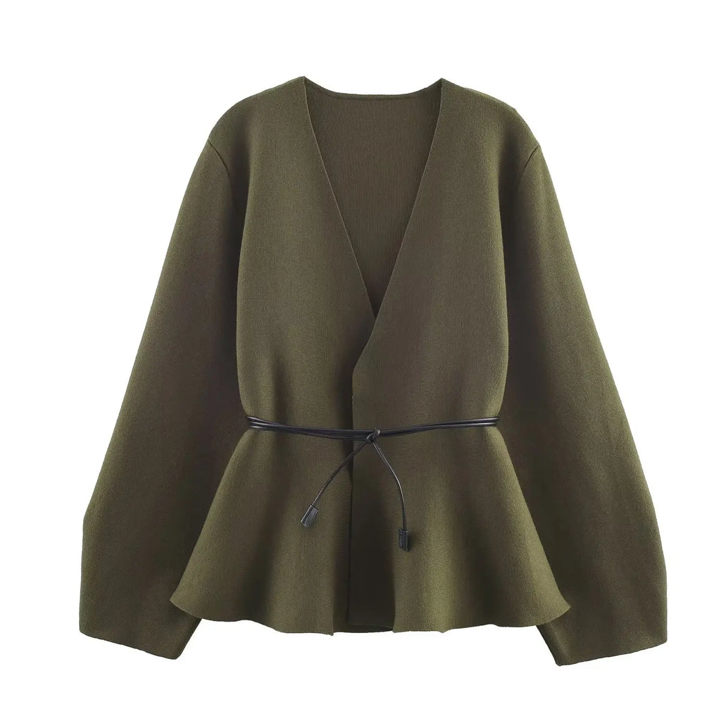Roupas Femininas Blusas Cardigã de Tricô Elegante com Gola V e Amarração na Cintura e Bainha Larga Para Mulheres Top de Trabalho Outono e Inverno