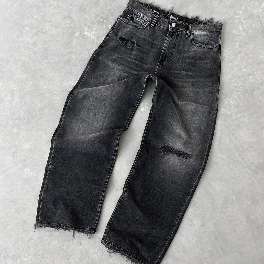 Calça Jeans Reta Masculina Rasgada com Buracos Lavada Comprimento do Tornozelo Solta Lisa Braguilha com Zíper Bolsos Casual 2025