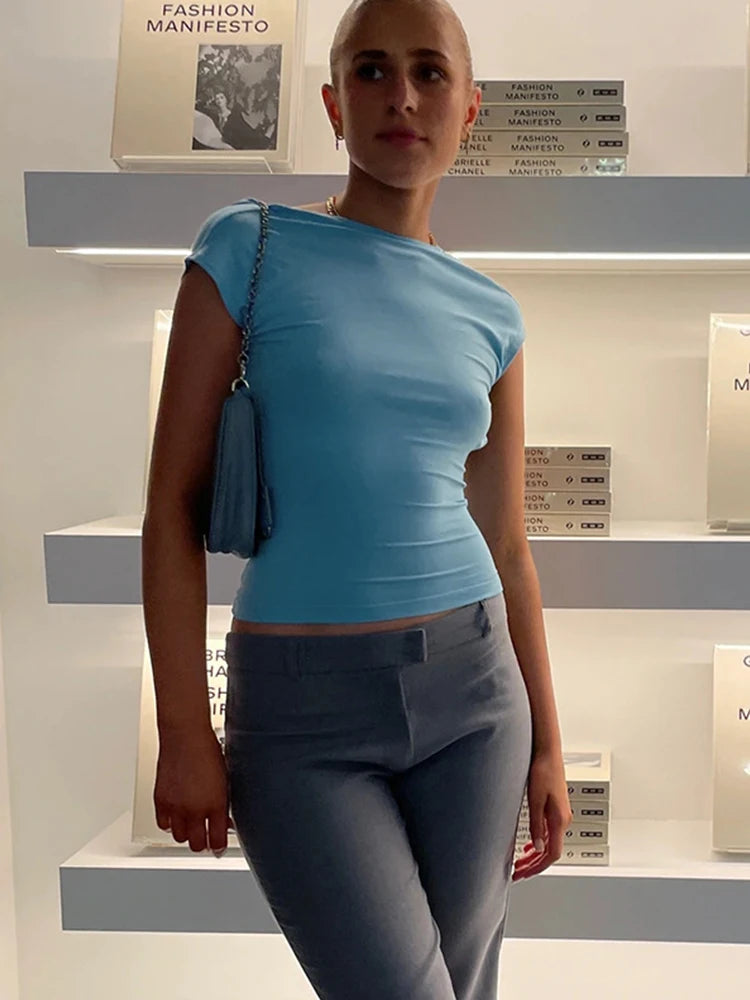 Blusa Feminina Manga Curta Sem Costas Várias Formas de Usar 2025 Justa Básica Verão Slim Cropped Recorte Camiseta Sexy Top Cropped - Cáqui M