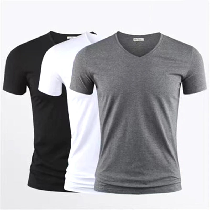 Camiseta Masculina 2026 Cor Sólida Gola V Manga Curta Blusas Camisetas Masculinas Camiseta Preta Justa Camisetas Masculinas Fitness para Roupas Masculinas