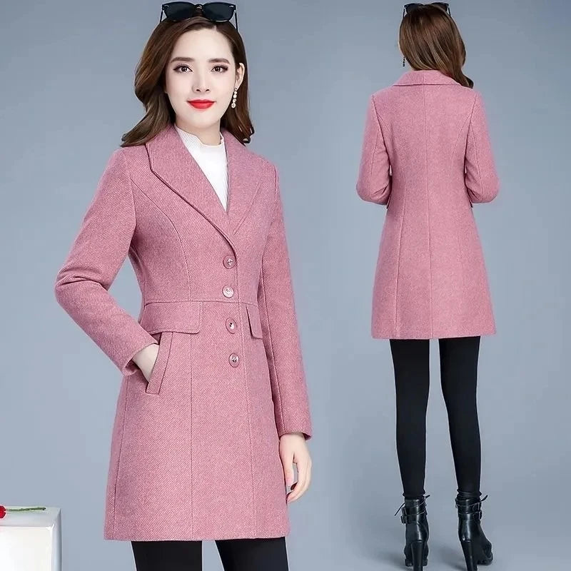 2025 Outono Inverno Novo Casaco Feminino De Lã Médio Longo Fino De Lã De Abotoamento Simples Moderno Casaco Feminino Grosso Casual - Forro rosa G