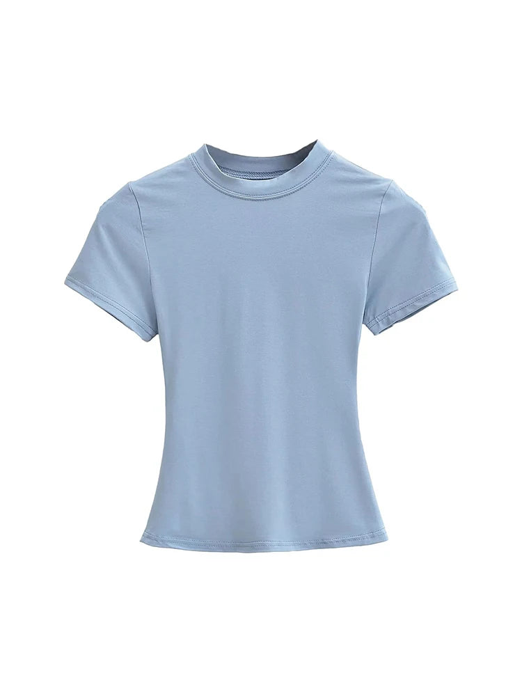 2025 Nova Camiseta Casual de Alta Qualidade Sexy Slim Manga Curta Tendência da Moda Sólida Roupa Feminina Blusas Y2K 1 - BRANCO M