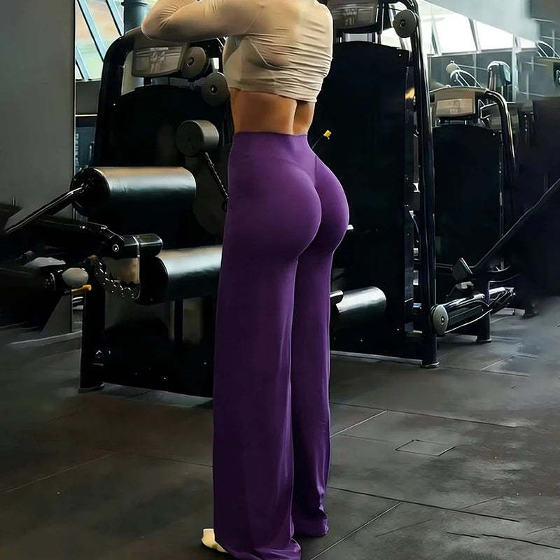 Calças de Yoga Femininas Wide Leg Soltas para Treino de Academia Cintura Alta Controle de Barriga Cinza Levanta Bumbum Retas Esportivas