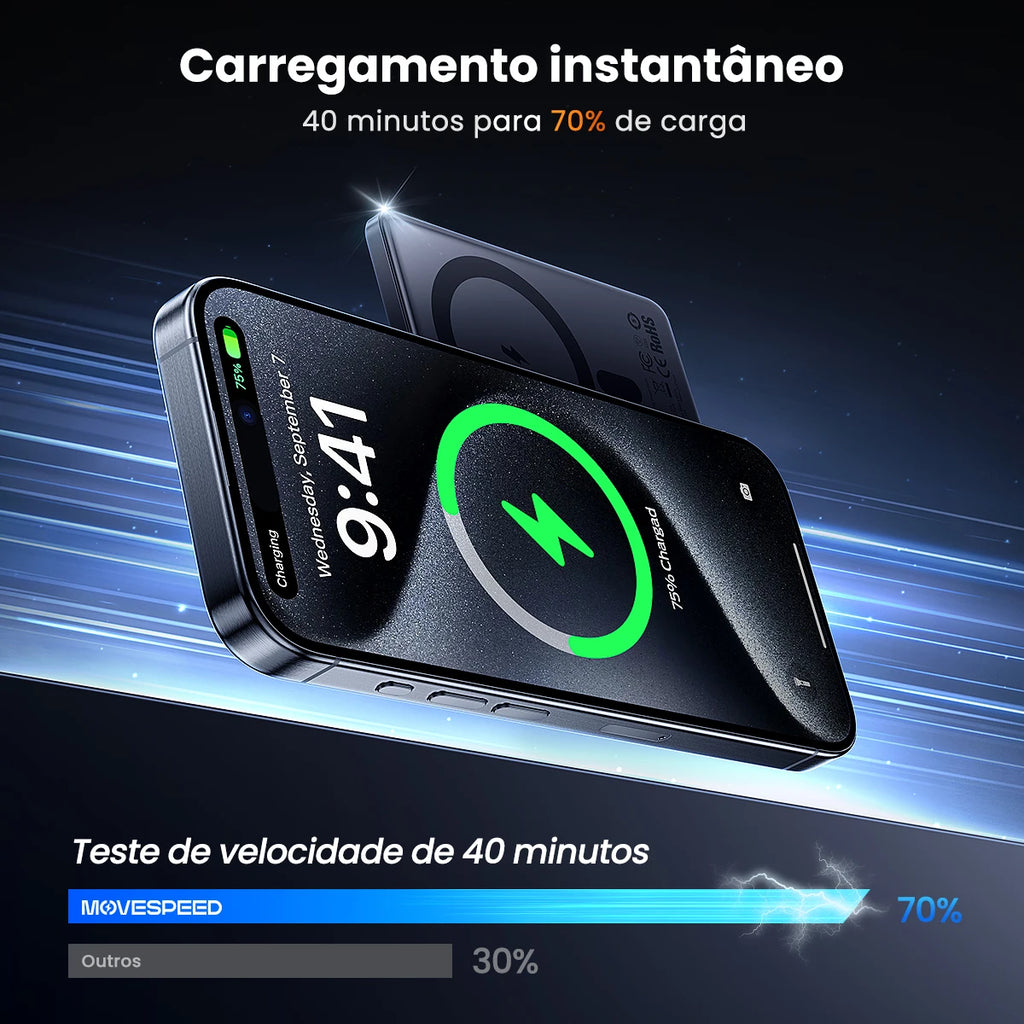 Power Bank Magnético 10000mAh PD20W Carga Rápida Fino Portátil