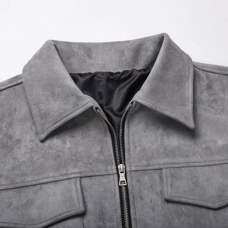 Jaquetas de Outono Roupa Casual Oversized Bolsos de Rua Gola Lapela Zíper Camurça Casaco Grosso Quebra-Vento Masculino Solto