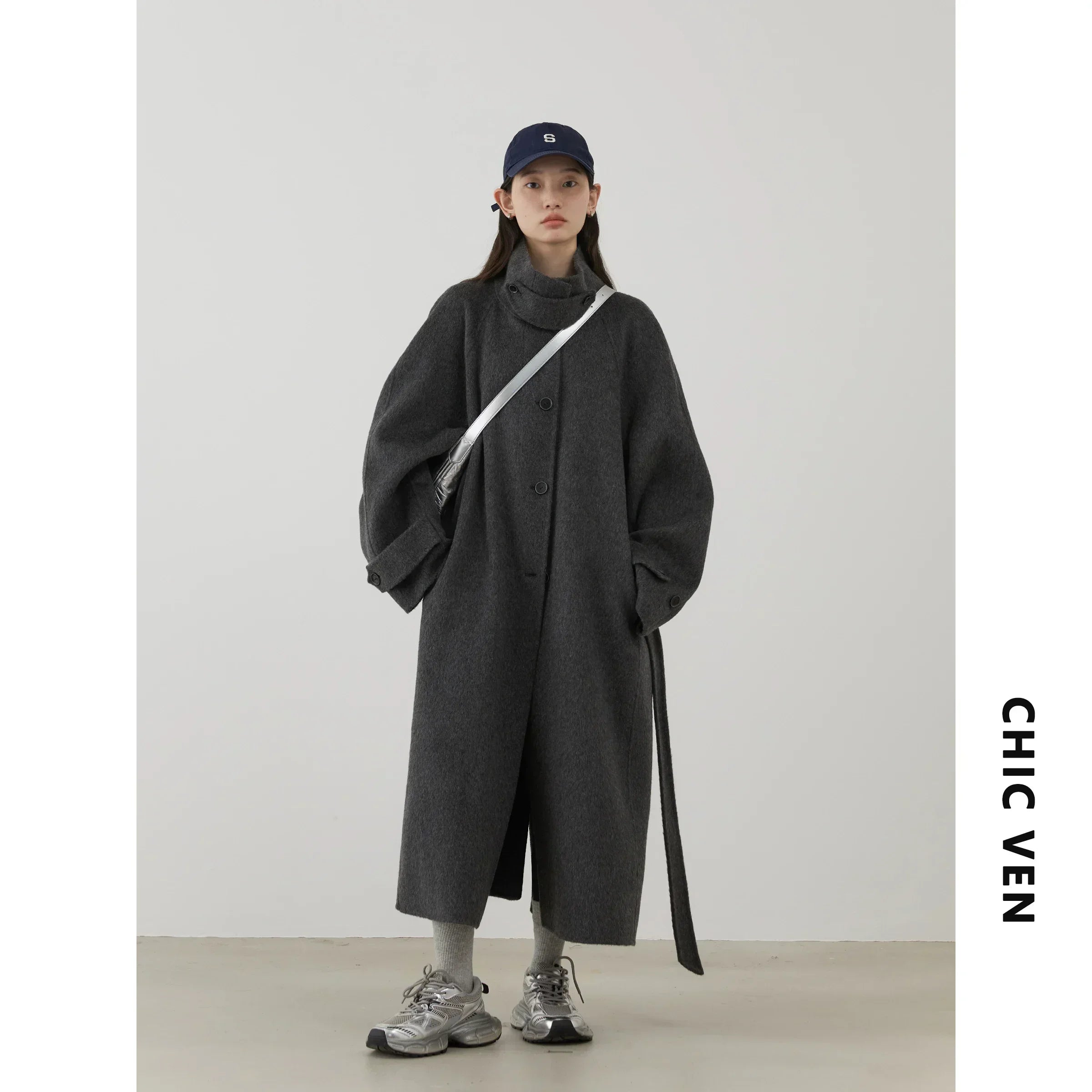 CHIC VEN Casaco Feminino Coreano de Lã Botão Único Gola Alta Solta com Cinto Longo Dupla Face Sobretudo Feminino Outono Inverno 2024
