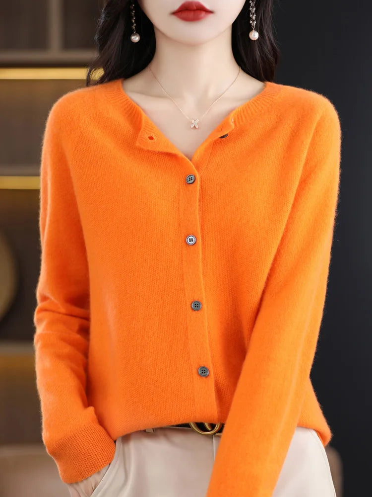 2024 Novo Cardigan Básico Chique Feminino Gola Redonda Suéter de Lã Merino Macio Roupa de Malha Elegante Casaco Primavera Outono Roupas Femininas Tops - Vermelho Shumei XXL