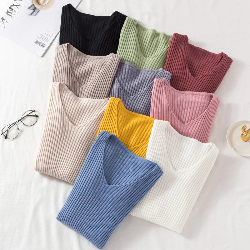 Outono Inverno Mulheres Suéteres Casuais Manga Longa Tricô Gola V Pulôver Suéter Feminino Básico Sólido Jersey Tops Roupas da Moda