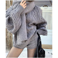 Conjunto Feminino Casual Terno Outono Inverno Solto Torção Manga Longa Suéter Malha Shorts Cintura Alta Duas Peças e Lenço