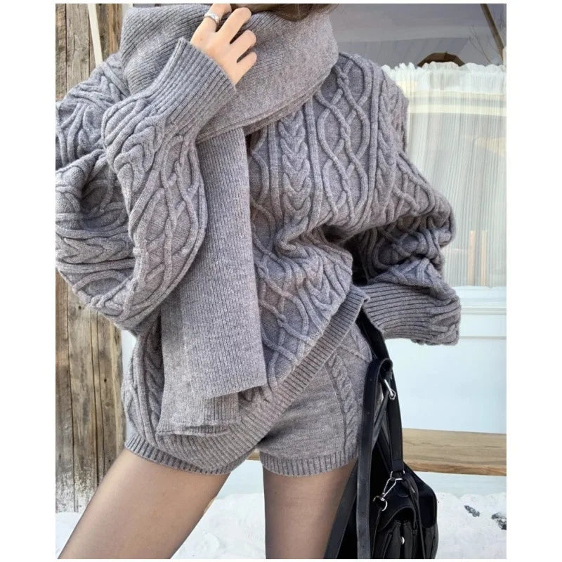 Conjunto Feminino Casual Terno Outono Inverno Solto Torção Manga Longa Suéter Malha Shorts Cintura Alta Duas Peças e Lenço