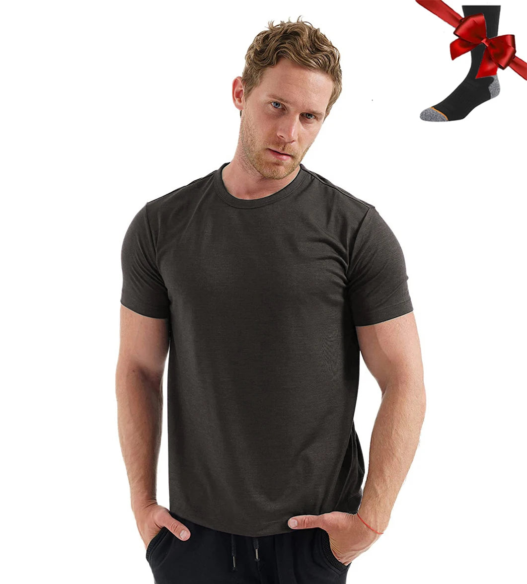 Camiseta Masculina 100% Lã Merino Super Fina Camada Base de Lã Merino que Absorve a Umidade Respirável de Secagem Rápida Antiodor + Meias de Lã Merino