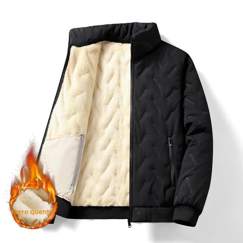 Jaqueta Masculina de Algodão Forrada com Lã Grossa Gola Alta Outono Inverno Quente Corta-Vento Tamanho Grande Casual Limpo Manga Longa