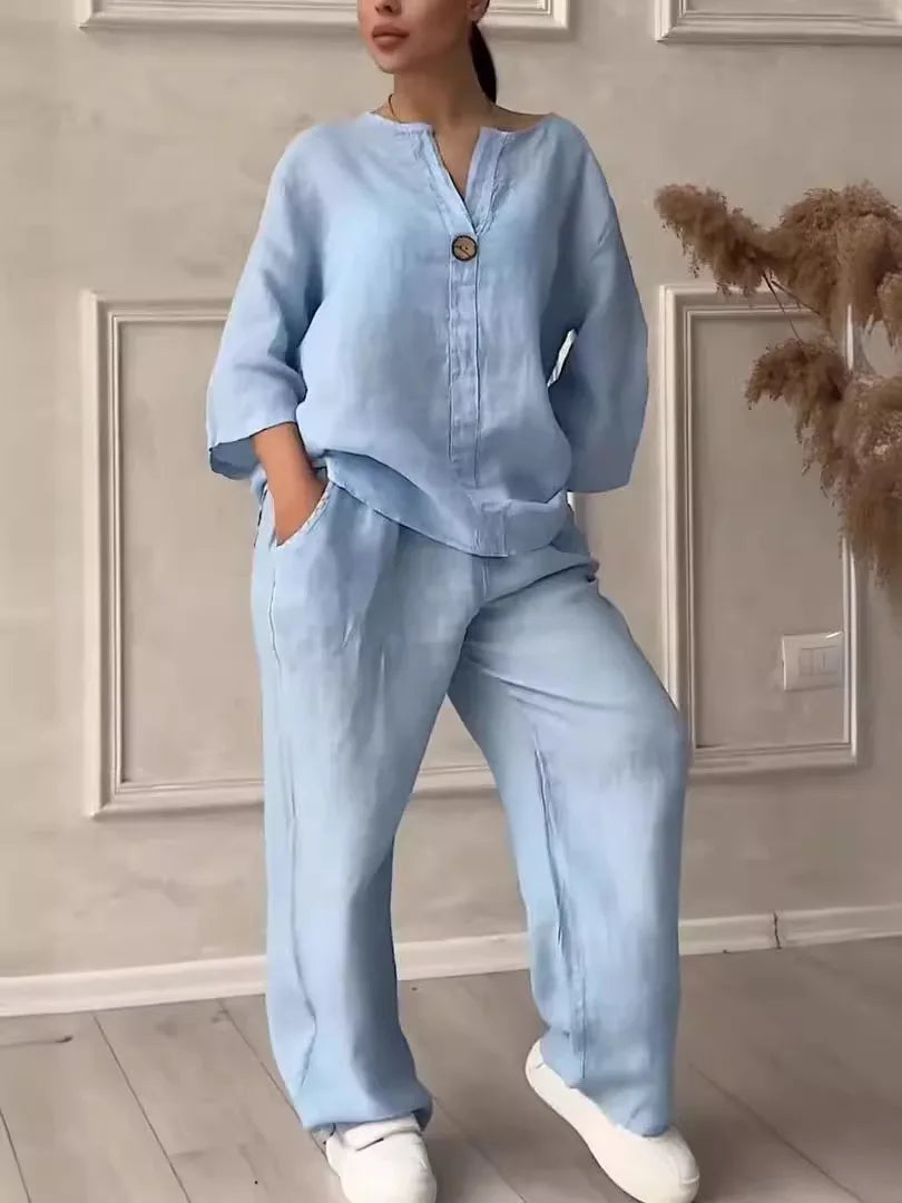 Conjunto de Linho e Algodão 2 Peças Blusa de Manga Comprida Solta com Botão e Calça Pantalona Larga de Cintura Alta Elástica NMD-3021
