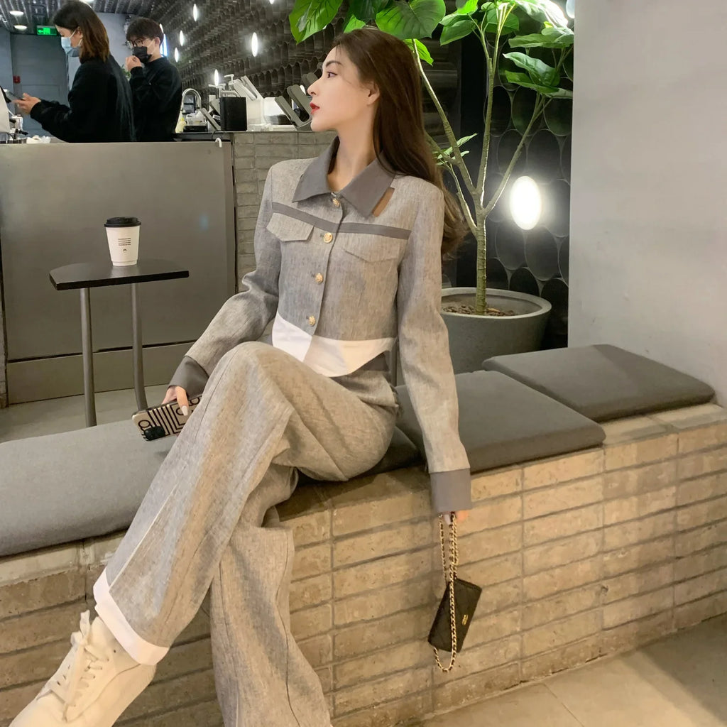 Calça Feminina Escritório Cinza Para o Trabalho Conjuntos de Top e Calça para Mulheres 2 Peças Profissional Primavera Outono Estilo Coreano Luxo Completo