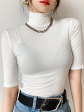 Blusa Básica Feminina Gola Alta Ajustada Manga Curta Camisetas Femininas Casuais Elásticas Brancas Camiseta Feminina Top - BRANCO M