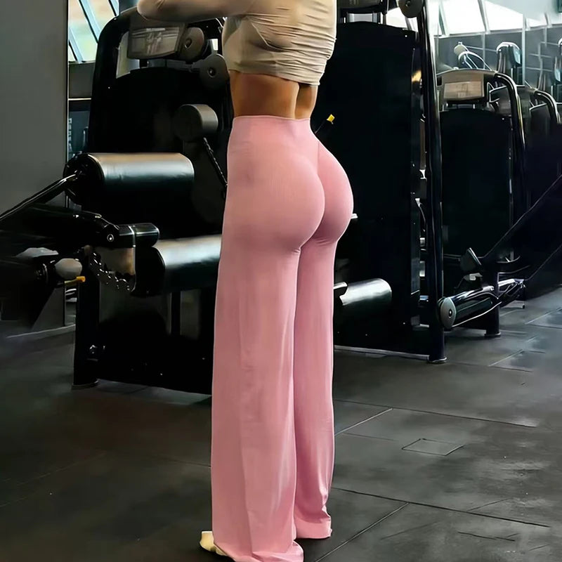 Calças de Yoga Femininas Wide Leg Soltas para Treino de Academia Cintura Alta Controle de Barriga Cinza Levanta Bumbum Retas Esportivas