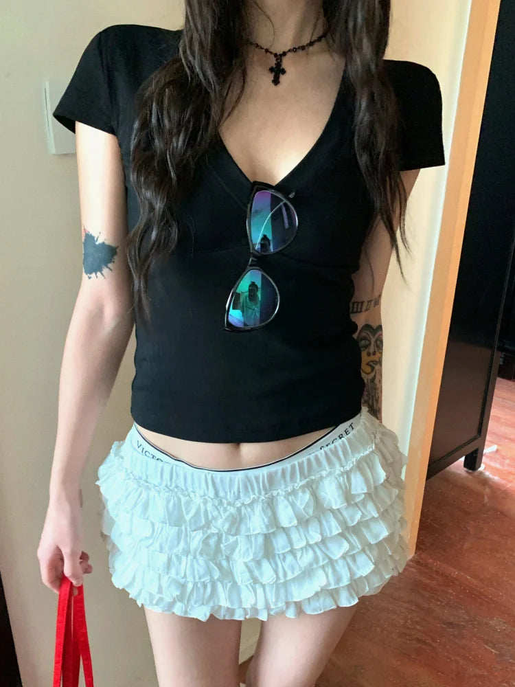 Blusa feminina casual com decote em V, manga curta, camiseta preta de verão justa e sexy, blusa básica sólida, moderna, streetwear - cinza XL
