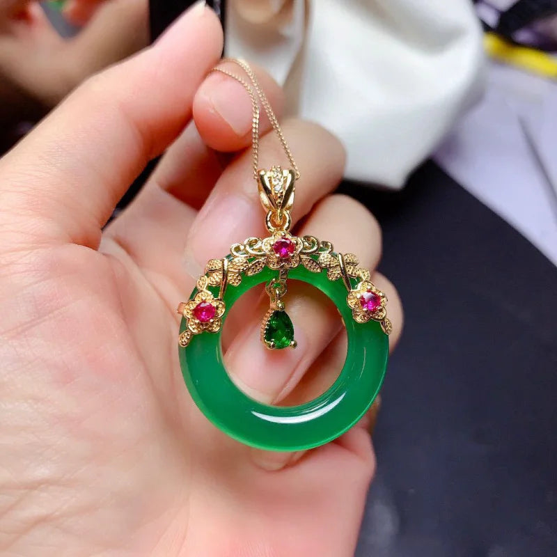 Classic luxury natural Hetian jasper pendant necklaces exquisite crystals flower ring design chain wedding engagement jewelry
