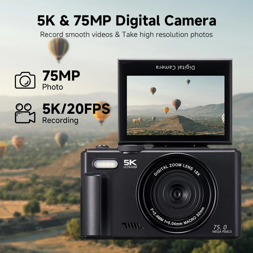 75MP Digital Camera 5K 18X Zoom 180° Flip Screen WiFi Vlog