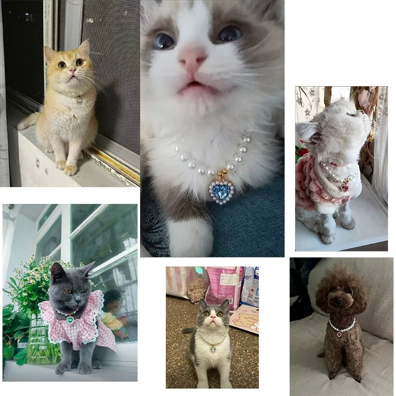 Colar de Strass para Animais Ajustável Gato Princesa Pingente Colar de Pérolas Cão Decorações Doces Filhote de Cachorro Joias Gemas Acessórios