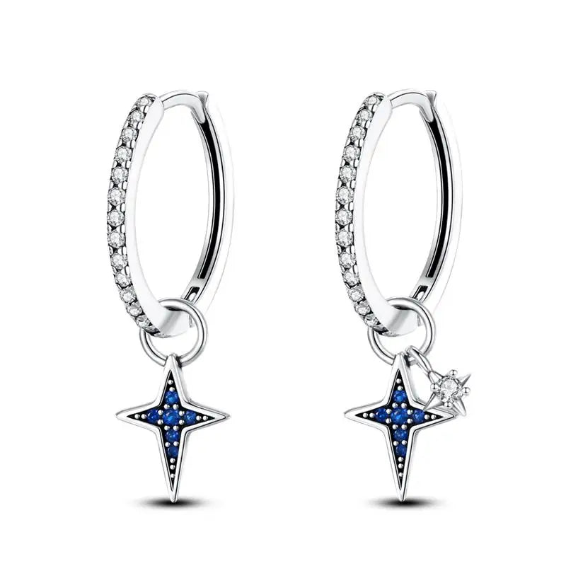 925 Sterling Silver Moon Universe Starry Sky Series Charm Earrings Women Blue Shiny Zircon Daily Wear Jewelry