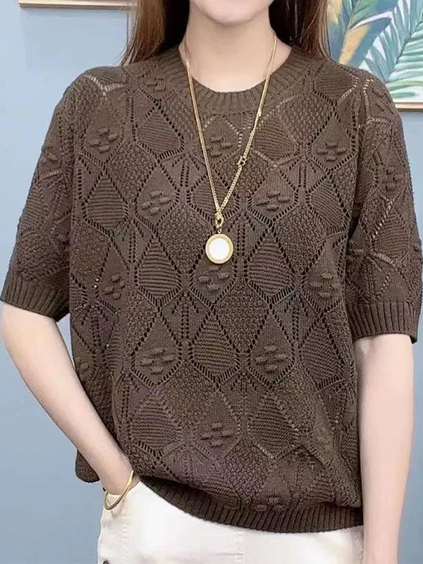 Camiseta Feminina Solta de Tricô Efeito Emagrecedor em Seda Gelada Manga Curta Verão Fina Moda Casual Vazada Decorada Co...