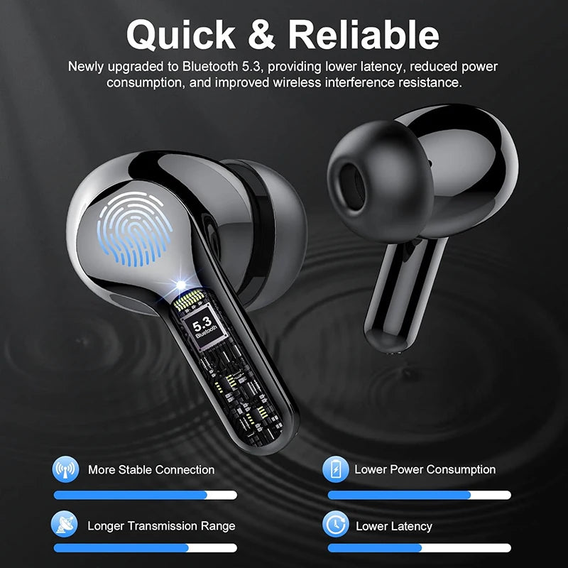 Fones de Ouvido Sem Fio BT5.3 HiFi Estéreo com Microfone ENC com Cancelamento de Ruído 48H Display LED IP7 à Prova D'água