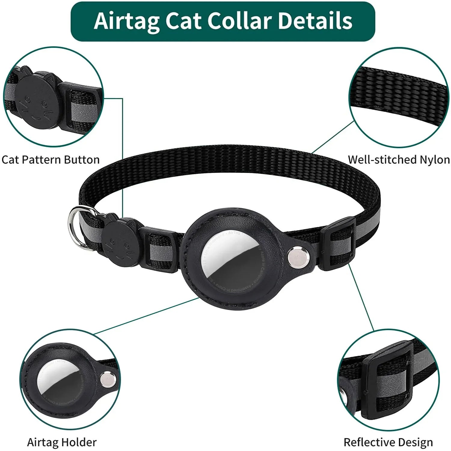 Coleira Refletiva para Gatos AirTag com Sino Fivela de Segurança Destacável Suporte para Rastreador GPS para Gatinhos Gatos Pequenos Animais de Estimação Anti-Perda