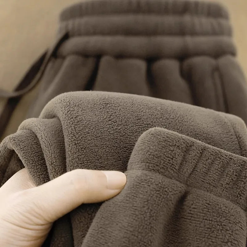 Calças Esportivas Femininas de Inverno Dupla Face com Forro Grosso Coreanas Elegantes Calças Compridas de Viagem Calças Casuais de Fibra de Poliéster