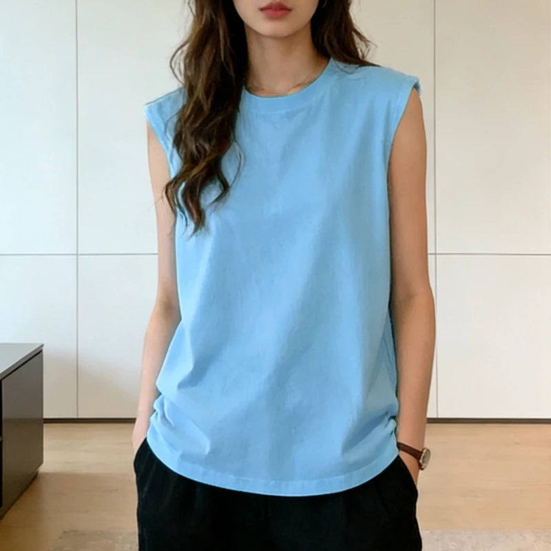 Woman Loose Sleeveless Tank Top Summer Casual Vest Basic Daily T Shirt Sweet Style Suitable For Students Stretchy Soft Lady Wear - black M