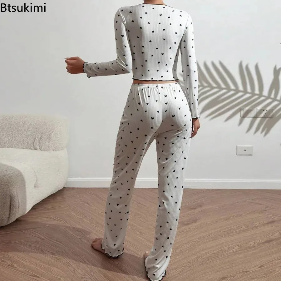 Novos Conjuntos de Loungewear Feminino Estampa de Coração Top Cami Laço Gola Manga Longa e Calças de Cintura Elástica Pijamas Primavera Verão