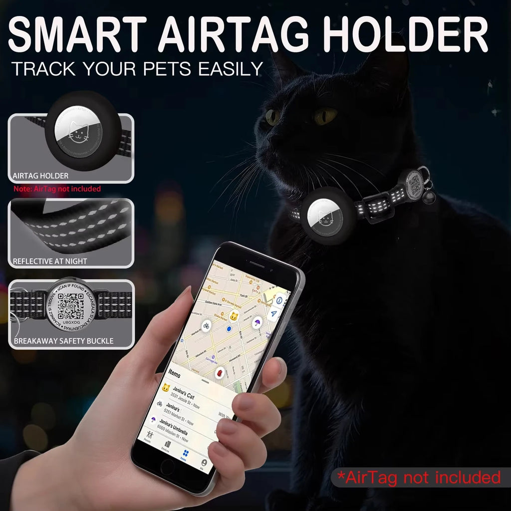 para coleira de gato GPS AirTag com etiqueta QR, coleira refletiva Apple Tag para animais de estimação com suporte para AirTag e etiqueta de gato, coleira de gatinho com estojo AIRTAG