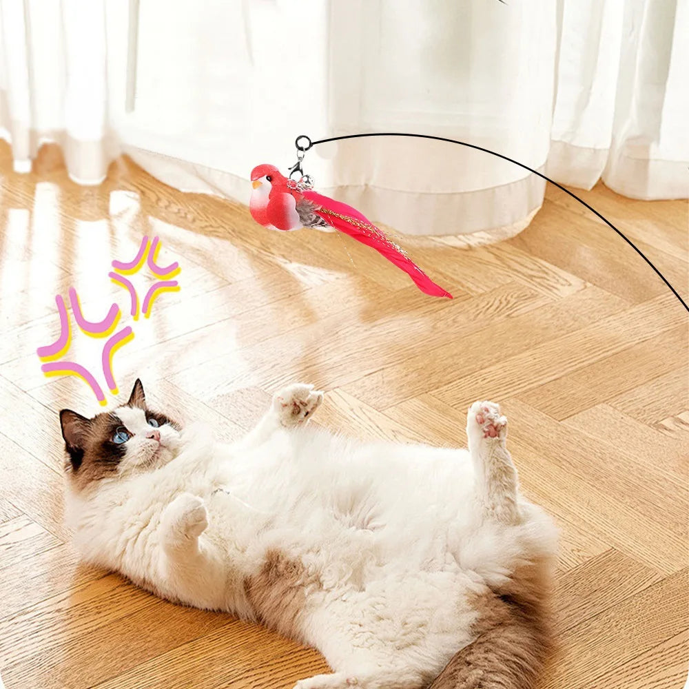 Brinquedo Interativo Varinha para Gato com Cabeça de Pássaro de Simulação, Varinha de Provocação para Gatos com Fio de Aço Destacável Substituível, Alivia o Tédio e Garante a Diversão do Gato